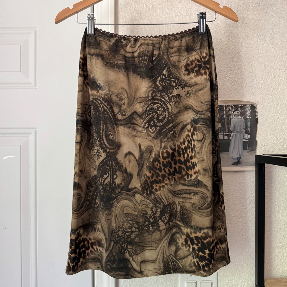 VINTAGE y2k paisley leopard paper tag mesh tan brown knit pull on midi skirt
